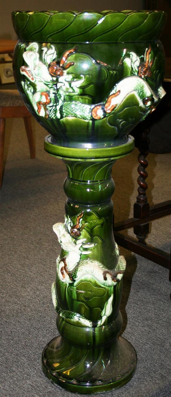 Appraisal: Majolica jardiniere on pedestal unmarked overall H Dia