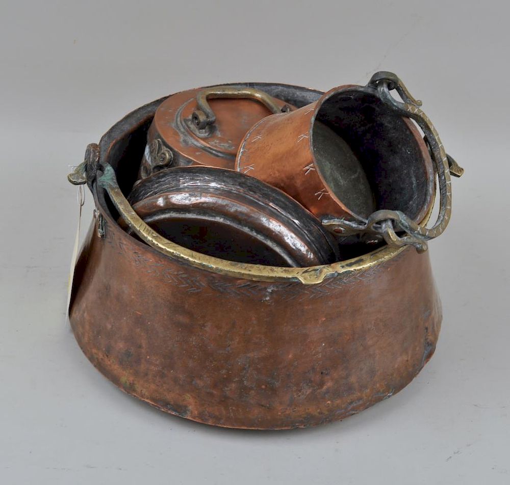 Appraisal: Three Brass Handled Copper Pots Bowl with primitive stampwork Dents