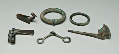 Appraisal: Six ancient bronze objects axe head - x in two