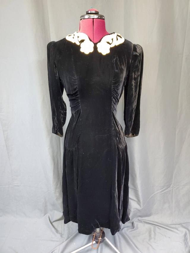 Appraisal: Vintage Black Velvet Dress Sequin Collar with flowers slight puff