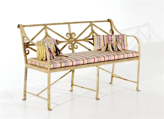 Appraisal: Pair painted iron benches latticework frames with silk cushions BH