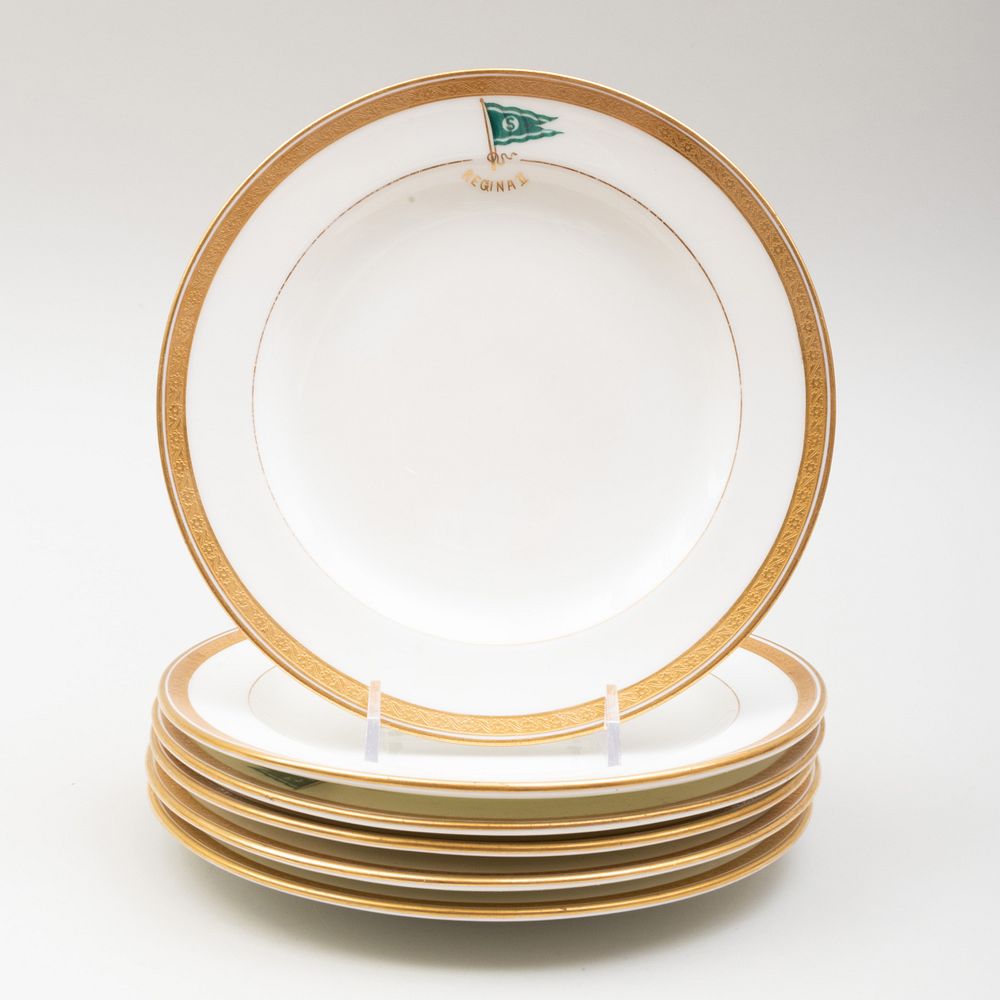 Appraisal: Set of Six Cauldon Green and Gilt Decorated Porcelain Plates