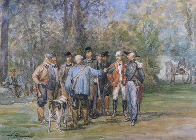 Appraisal: French School c Huntsmen gathering at a shoot Signed indistinctly