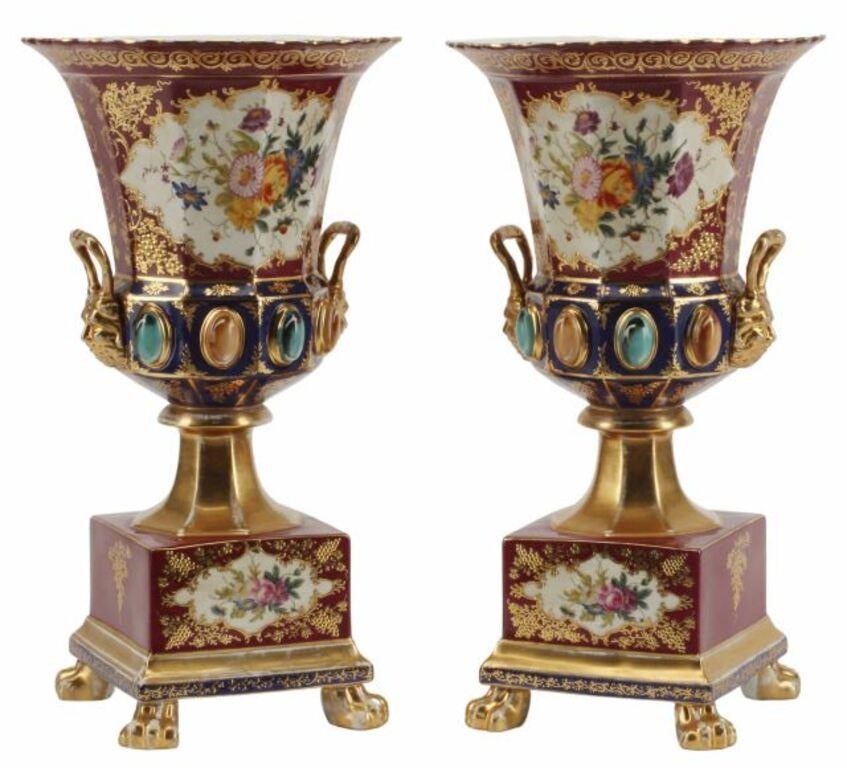 Appraisal: SEVRES STYLE PARCEL GILT PORCELAIN URNS pair Sevres style porcelain