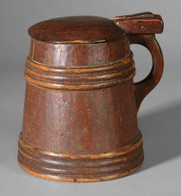 Appraisal: Polychromed wooden tankard formed as banded barrel hinged wooden lid