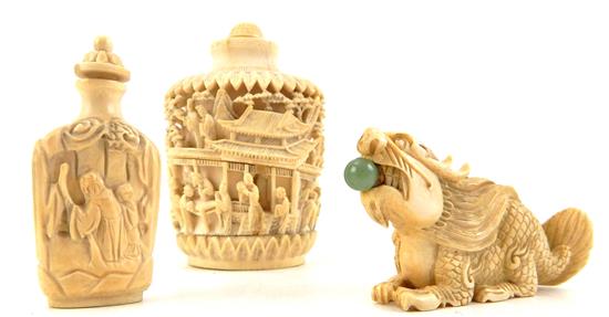 Appraisal: ASIAN Three th C Asian carved ivory snuff bottles the