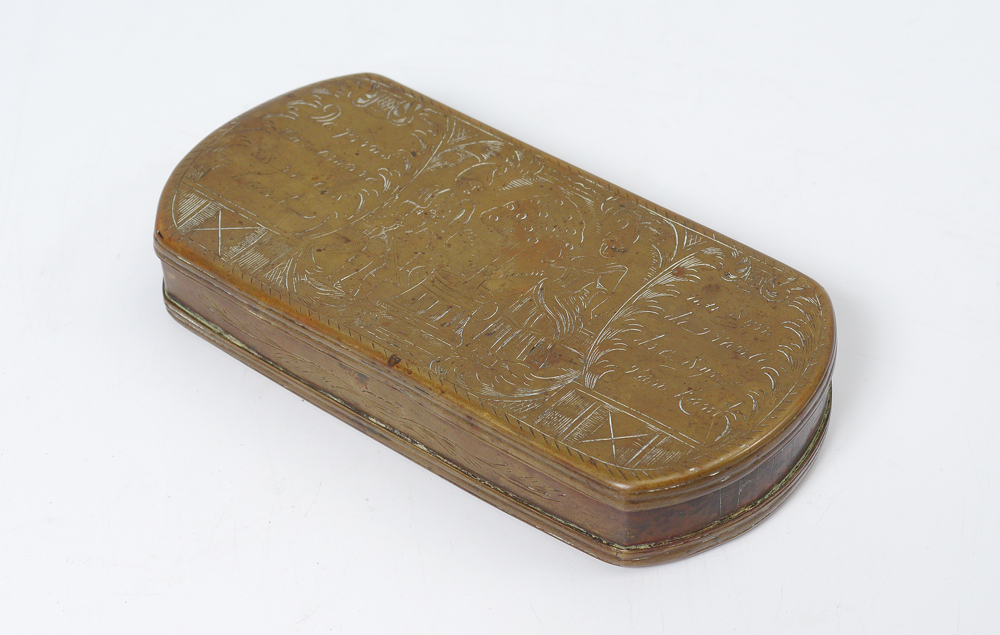 Appraisal: TH CENTURY ENGRAVED BRASS BOX Hinged lid with engraved decoration