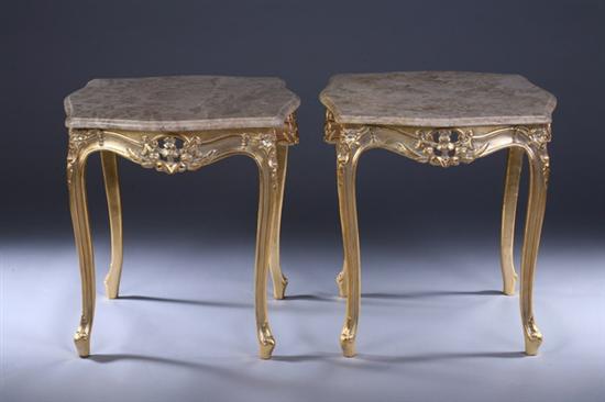 Appraisal: PAIR ITALIAN ROCOCO STYLE MARBLE-TOP GILTWOOD SIDE TABLES late th