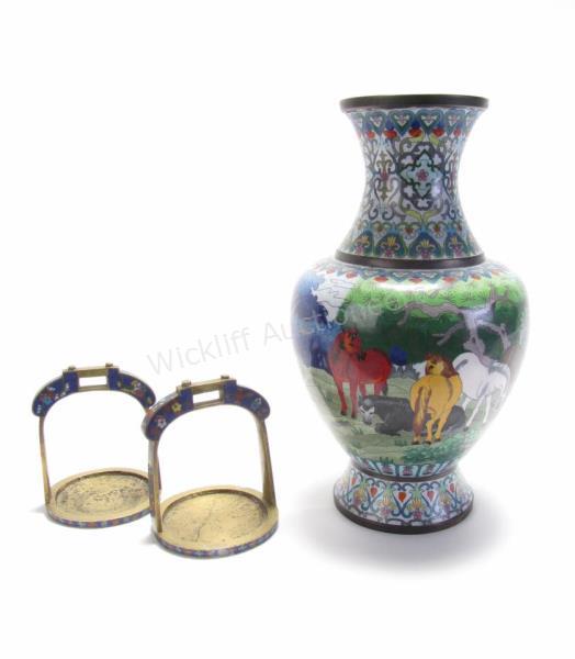 Appraisal: Oriental Cloisonne Vase and Stirrups vase with horse and landscape