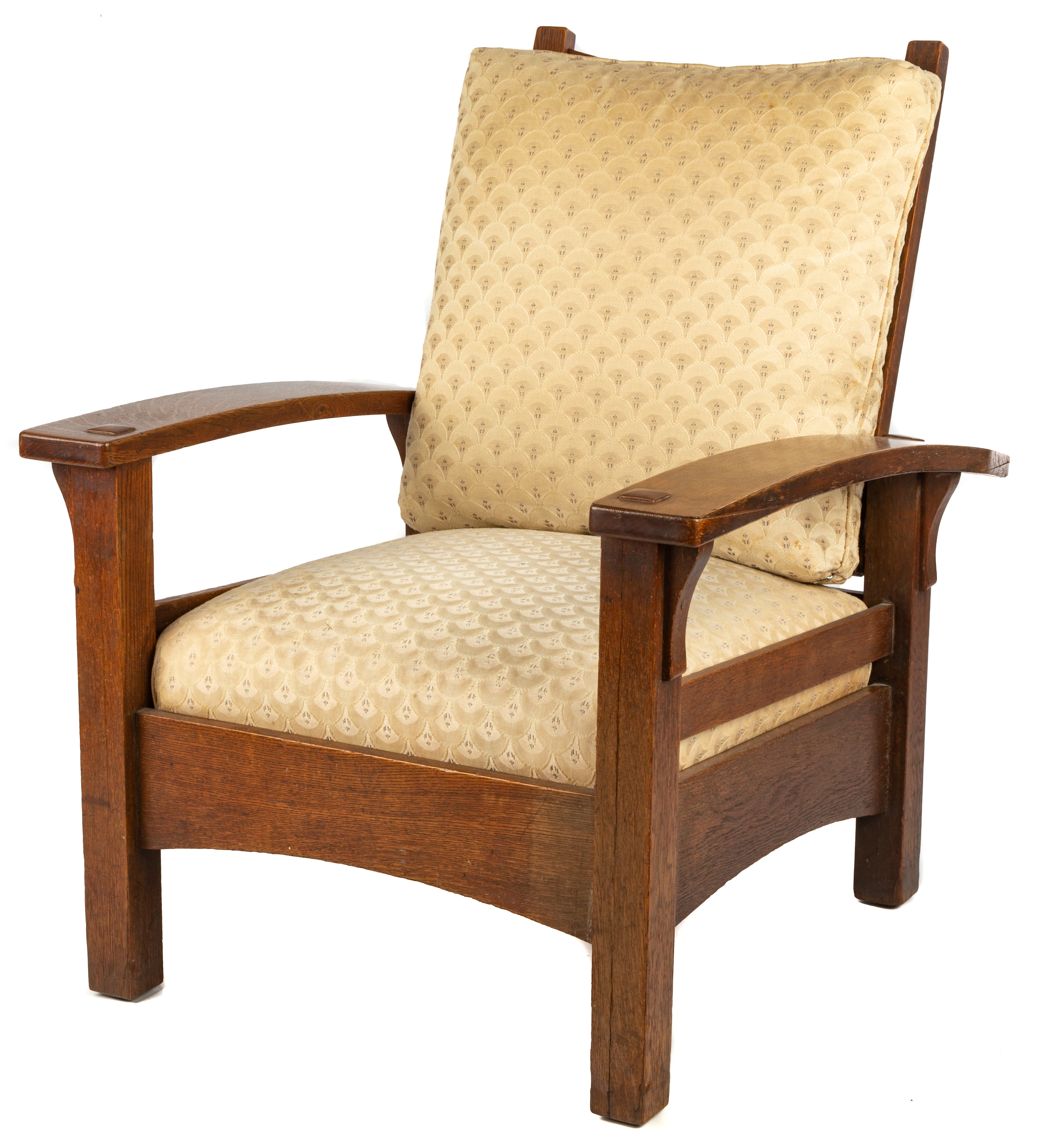 Appraisal: GUSTAV STICKLEY BOW-ARM MORRIS CHAIR circa quarter sawn oak with