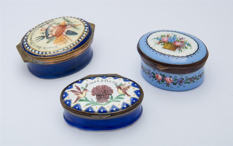 Appraisal: THREE SOUTH STAFFORDSHIRE BRASS-MOUNTED ENAMEL SNUFF BOXES Comprising one lavender