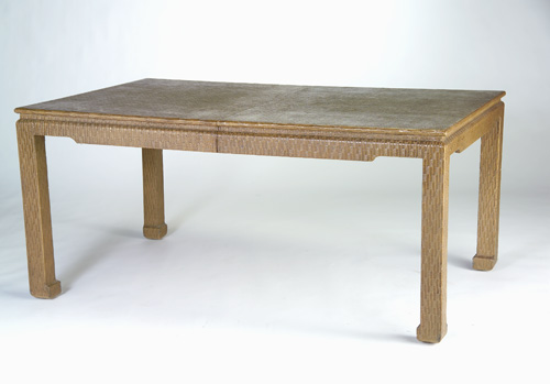 Appraisal: KARL SPRINGER Extension dining table with textured brown covering Includes