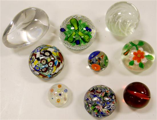 Appraisal: Collection of nine glass paperweights including a pear form with