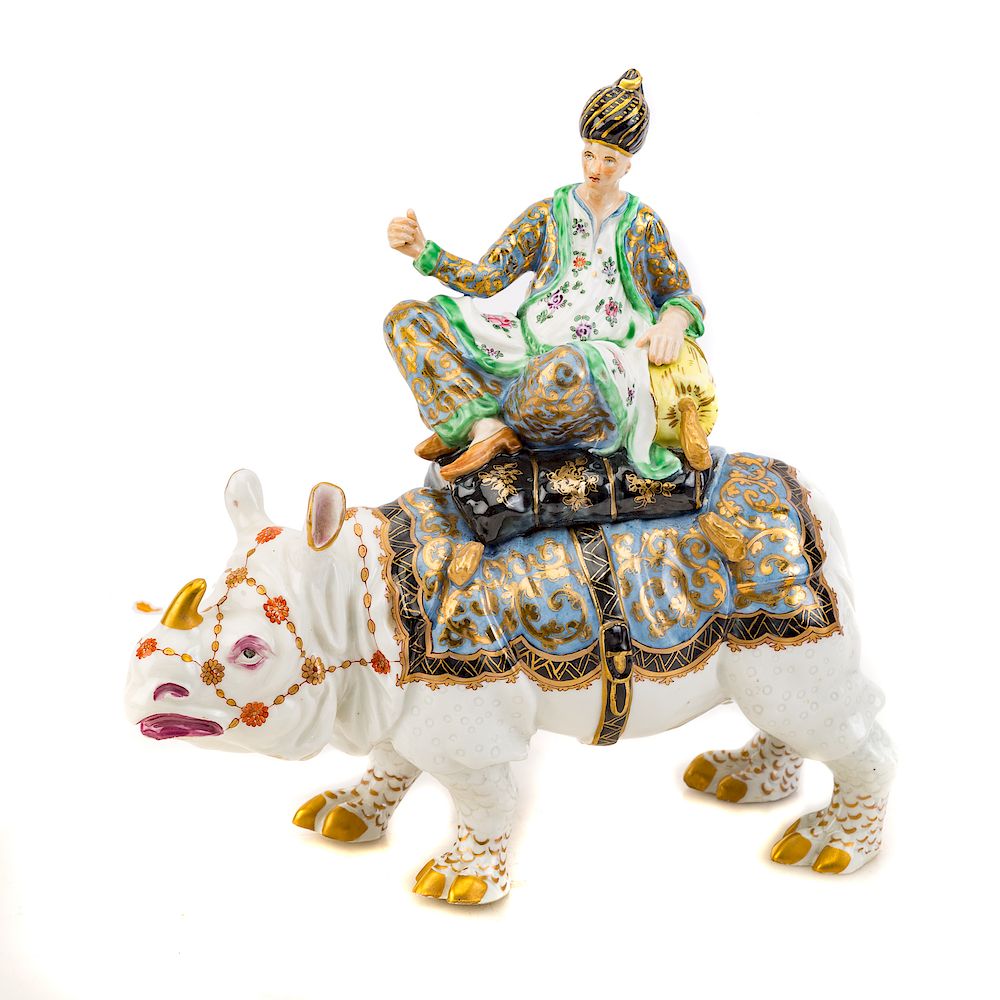 Appraisal: Samson Porcelain Box of Sultan Riding Rhinoceros white porcelain Sumatran