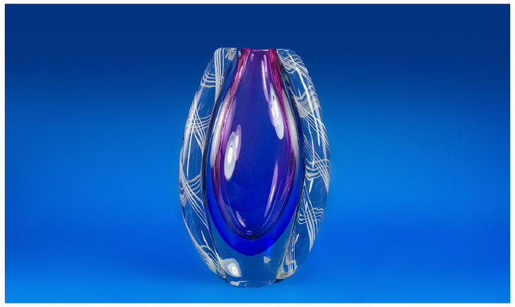 Appraisal: Murano Style Ovoid Glass Vase Spiral Canework Sides Primarily Blues