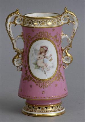 Appraisal: MINTON PORCELAIN HAND-PAINTED VASE The beaker-form rose Pompadour ground with