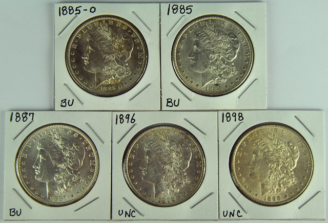 Appraisal: Five BU Morgan DollarsDates are -O and Grade range is