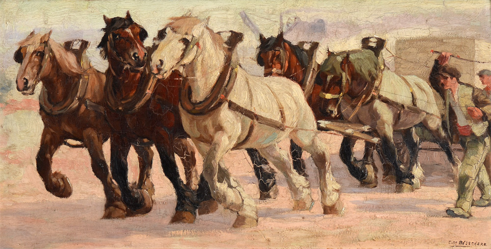 Appraisal: DE BUSSCHERE Constant Belgian - Work Horses Oil Wood Panel