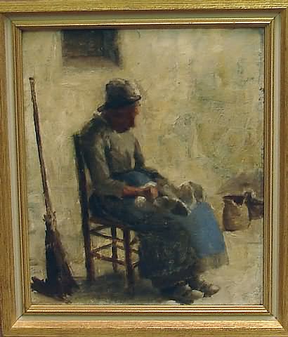 Appraisal: Woman seated with broom at side oil on panel x