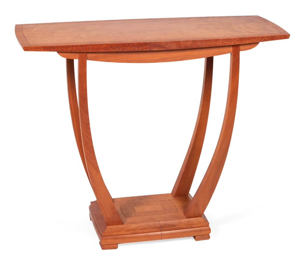 Appraisal: CONTEMPORARY PEDESTAL TABLE In cherry Carved geometric designs around edge