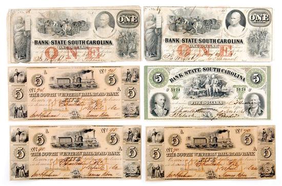 Appraisal: Confederate-era South Carolina bank notes comprised of two notes one