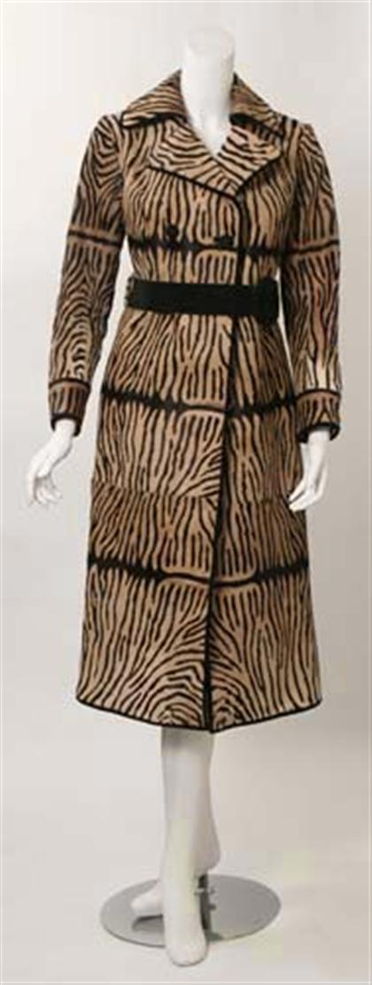 Appraisal: Enrico Cremieux tiger printed pony skin coat s Peaked-collar trench