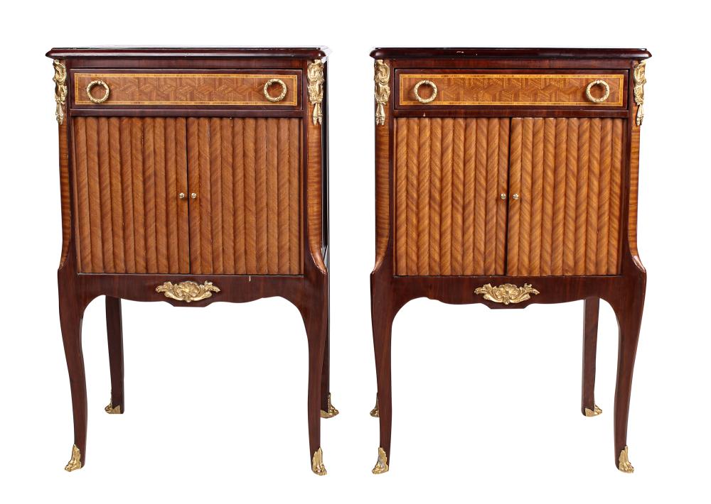 Appraisal: PAIR OF LOUIS XV STYLE PARQUETRY-INLAID NIGHT STANDSwith bronze mounts