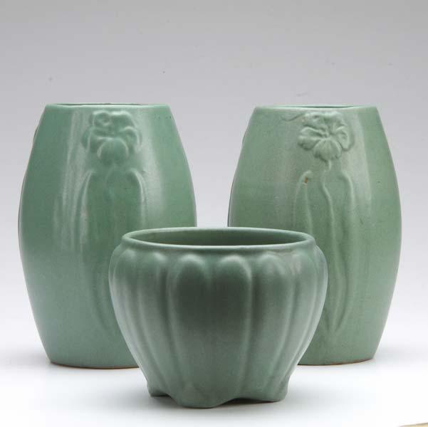 Appraisal: ZANESVILLE STONEWARE Three pieces covered in matte green glaze including