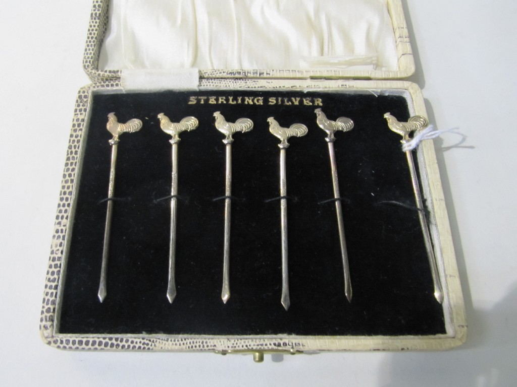 Appraisal: Cased set of six sterling silver cocktail sticks with cockerel