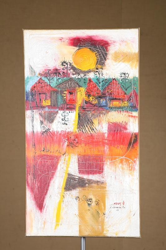 Appraisal: OIL ON CANVAS BY LAXMAN PAI - Houses Abstract with