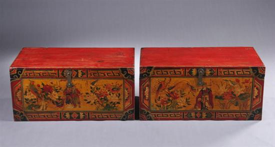 Appraisal: PAIR MONGOLIAN POLYCHROME WALNUT TRUNKS th century Figural and floral