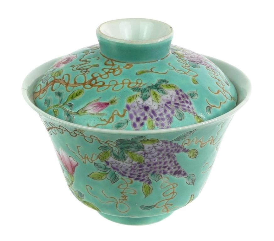 Appraisal: Chinese covered bowl with wisteria and peonies motif on turquoise