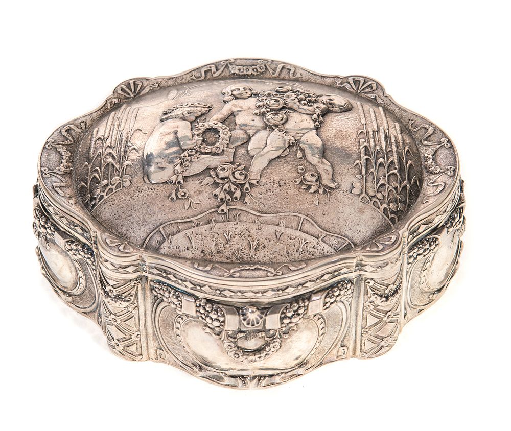 Appraisal: Silver Large Dresser Box With Cupids Silver Large Dresser Box