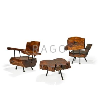 Appraisal: SABENA Table and two lounge chairs Mexico s Walnut iron