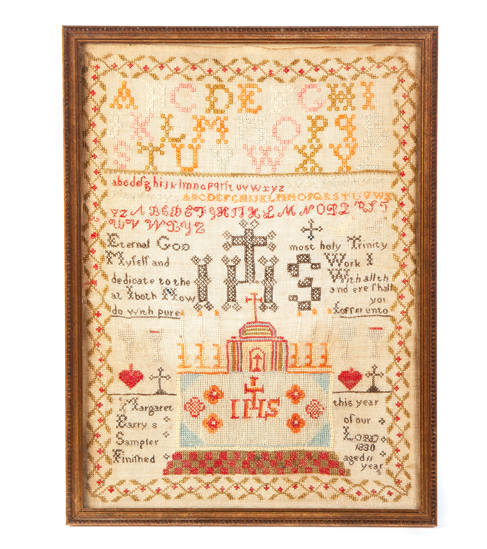 Appraisal: SAMPLER Silk on linen Colorful thread depicting an altar with