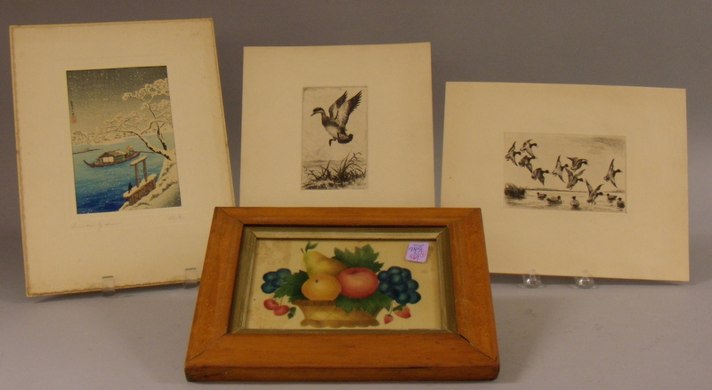 Appraisal: Four Small Framed and Unframed Artworks a small maple framed