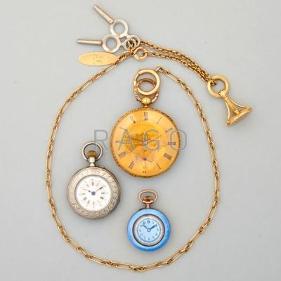 Appraisal: THREE POCKET WATCHES CHAIN AND FOB ca Etched scenic g