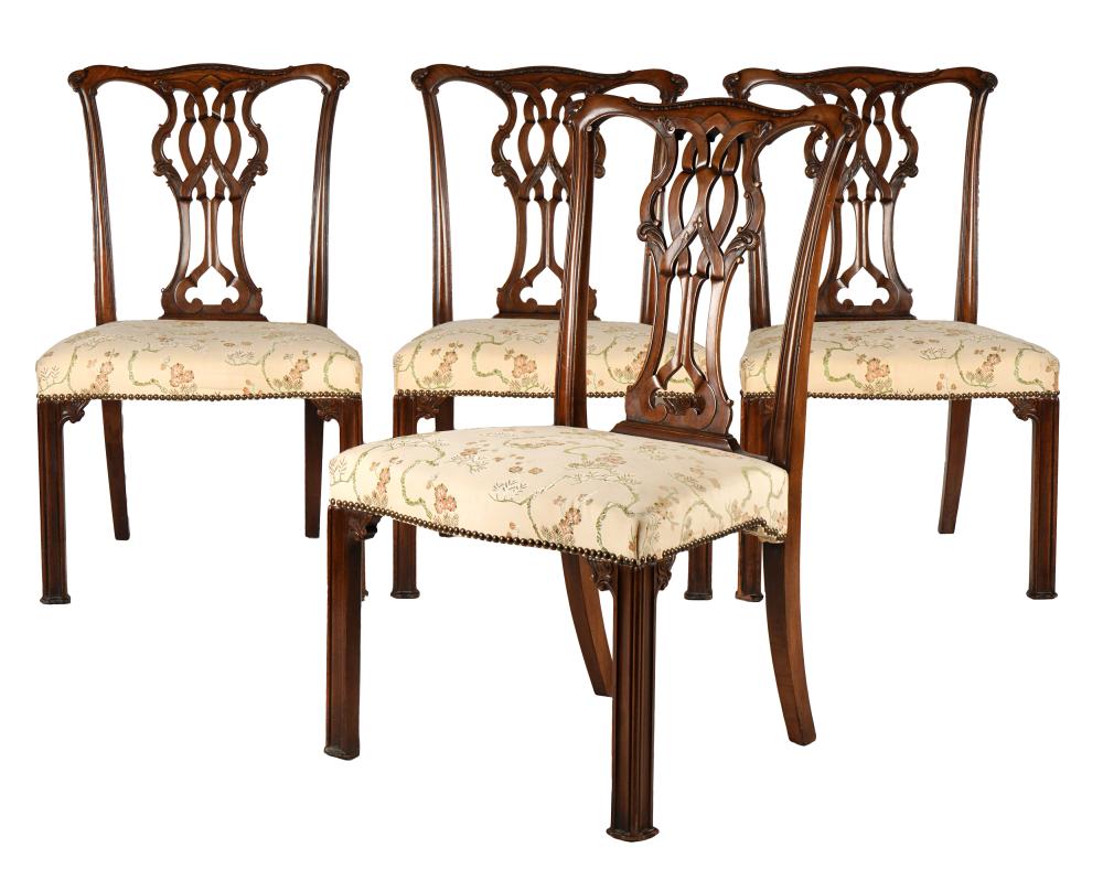 Appraisal: SET OF FOUR CHIPPENDALE STYLE DINING CHAIRSmodern unsigned covered with