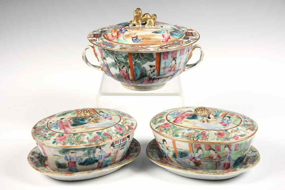 Appraisal: FAMILLE ROSE COVERED BOWLS - Rare forms all having bright