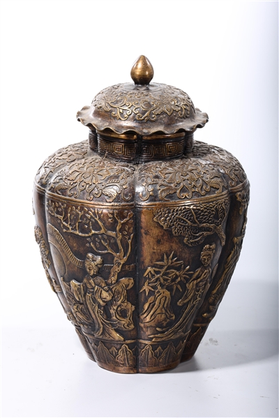 Appraisal: Chinese bronze covered vase with high-relief figural scenes mark to