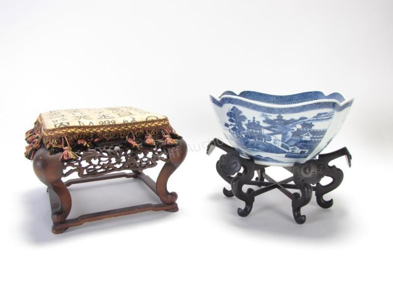 Appraisal: Oriental Footstool and Porcelain Bowl footstool with carved wooden base