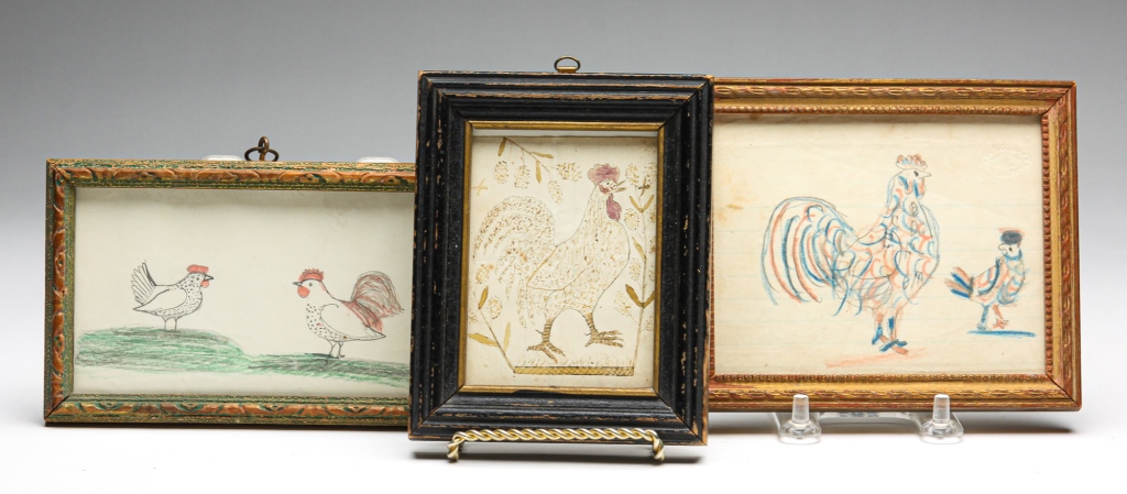 Appraisal: THREE AMERICAN DRAWINGS OF ROOSTERS Nineteenth century All on ledger