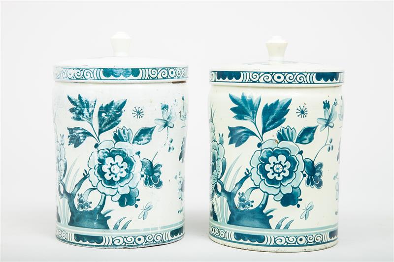 Appraisal: Pair of English Lithograph-Decorated Biscuit Tins in the Dutch Delft