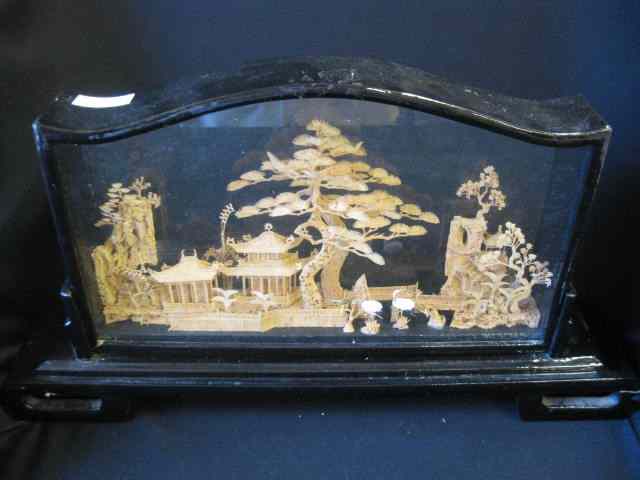 Appraisal: Chinese Carved Cork Village in glass case '' x ''