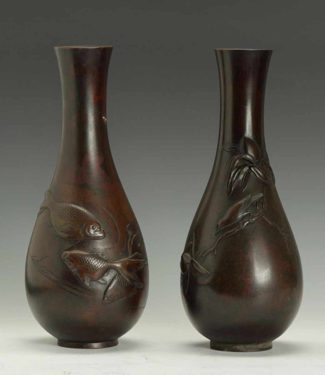 Appraisal: Pair of Bronze Vases With molded birds water lilies coy