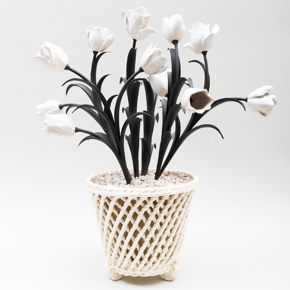 Appraisal: Contemporary White Porcelain Cachepot and Porcelain Mounted T le Tulips