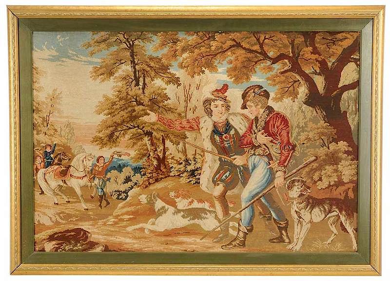 Appraisal: Framed Wool Needlepoint of Hunt Scene American or British mid