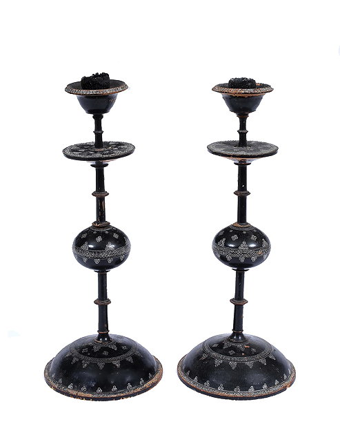 Appraisal: A PAIR OF ORIENTAL POSSIBLY KASHMIRI BLACK LACQUERED TURNED WOODEN