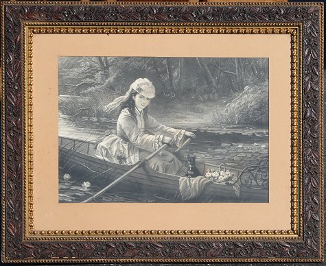 Appraisal: EARLY TH C ENGRAVING OF GIRL ROWING BOAT WITH PET