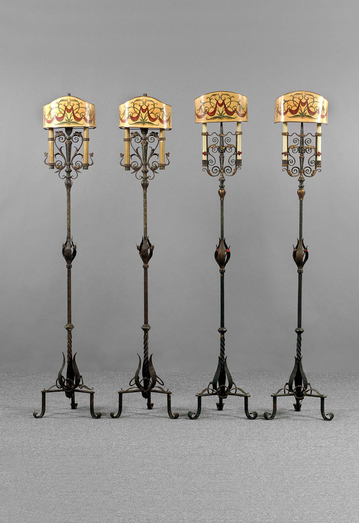 Appraisal: FOUR BAROQUE STYLE WROUGHT-IRON TORCHERE LAMPS Each wrought-iron standard above